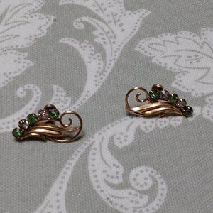 🎬Vintage🎬 12K Gold Filled Green & Clear Crystal Earrings